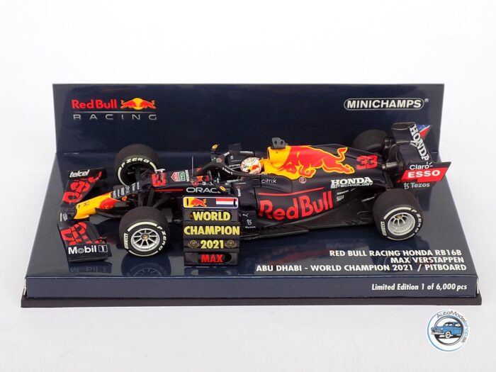 FORMULA F1 : RED BULL RB16B HONDA RA620H TEAM ASTON MARTIN N 33 WINNER ABU DHABI GP WORLD CHAMPION WITH PIT BOARD 2021 MAX VERSTAPPEN - 1:43 MINICHAMPS