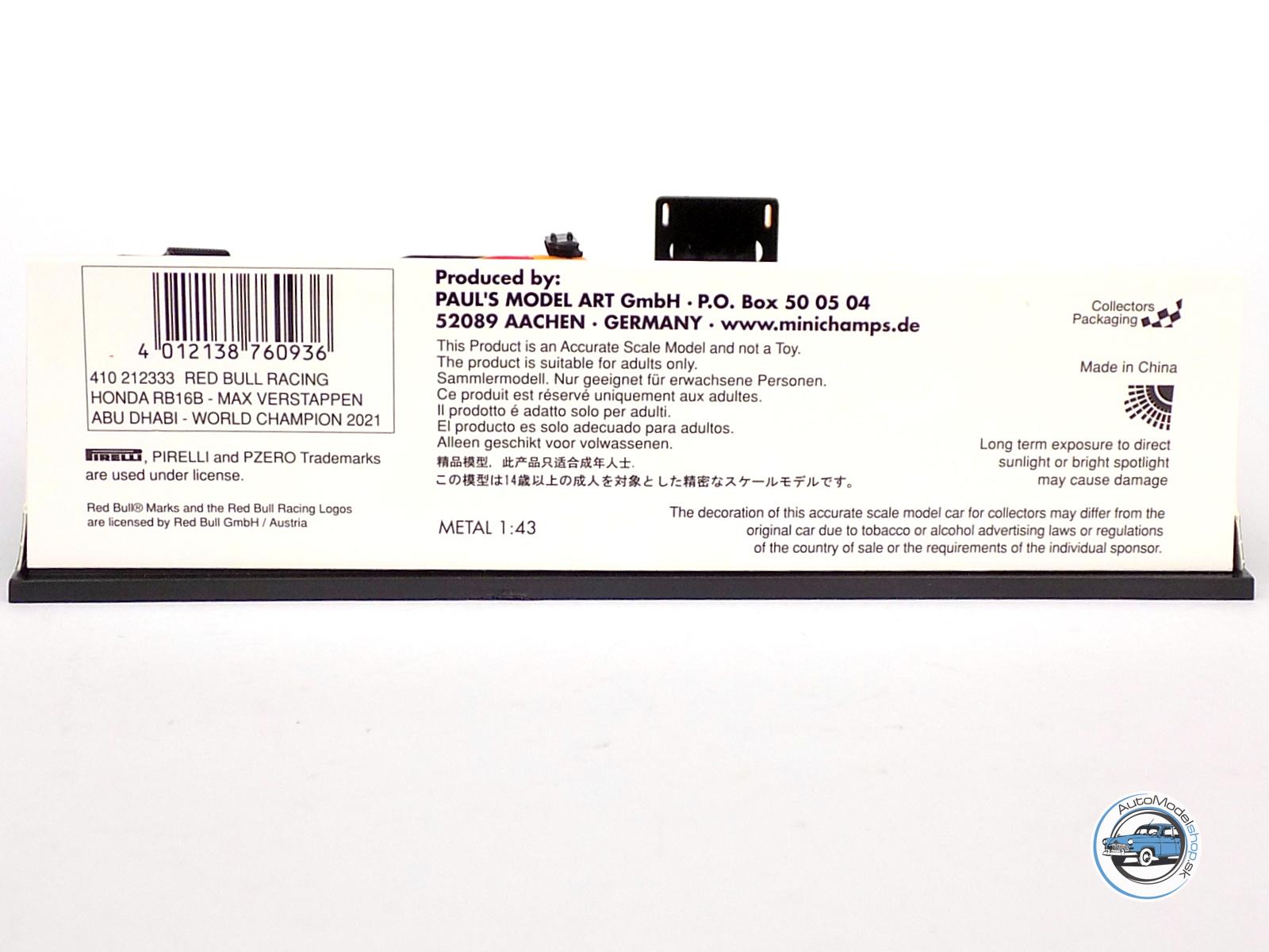 FORMULA F1 : RED BULL RB16B HONDA RA620H TEAM ASTON MARTIN N 33 WINNER ABU DHABI GP WORLD CHAMPION WITH PIT BOARD 2021 MAX VERSTAPPEN - 1:43 MINICHAMPS – Obrázok 4